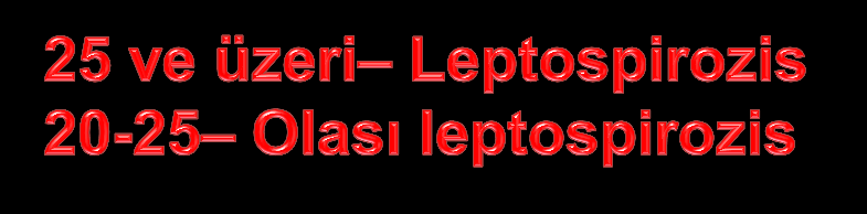 WHO Guide - Faine s Kriterleri 2 Baş ağrısı 5 Sel 2 Ateş 4 Kontamine su 2 Ateş > 39 F 1 Hayvan teması 4 Konjonktival ödem ve hiperemi 15