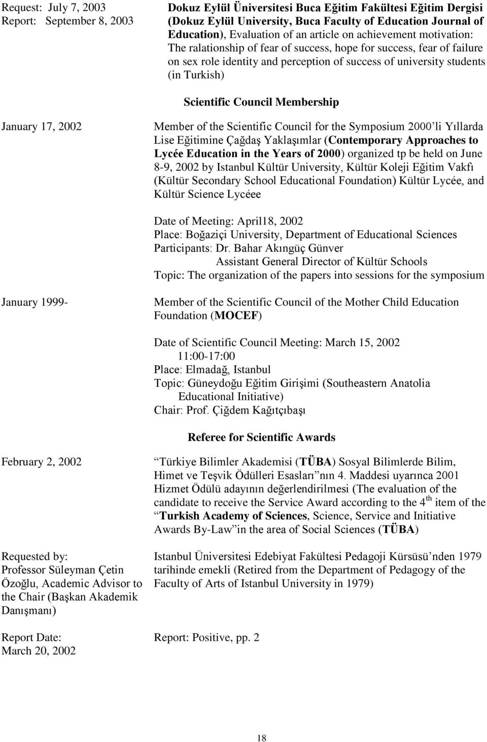 Scientific Council Membership January 17, 2002 Member of the Scientific Council for the Symposium 2000 li Yıllarda Lise Eğitimine Çağdaş Yaklaşımlar (Contemporary Approaches to Lycée Education in the