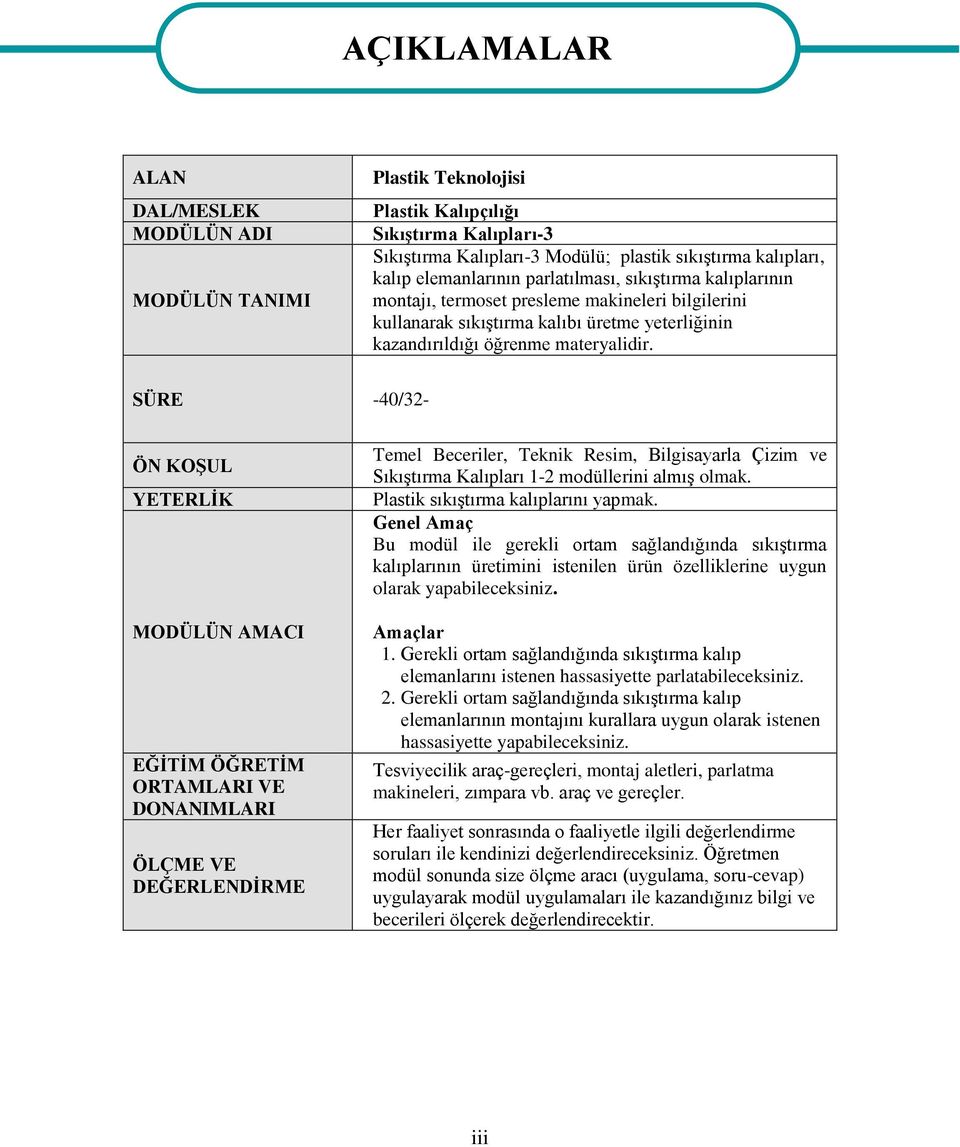 SÜRE -40/32- ÖN KOŞUL YETERLİK MODÜLÜN AMACI EĞİTİM ÖĞRETİM ORTAMLARI VE DONANIMLARI ÖLÇME VE DEĞERLENDİRME Temel Beceriler, Teknik Resim, Bilgisayarla Çizim ve Sıkıştırma Kalıpları 1-2 modüllerini