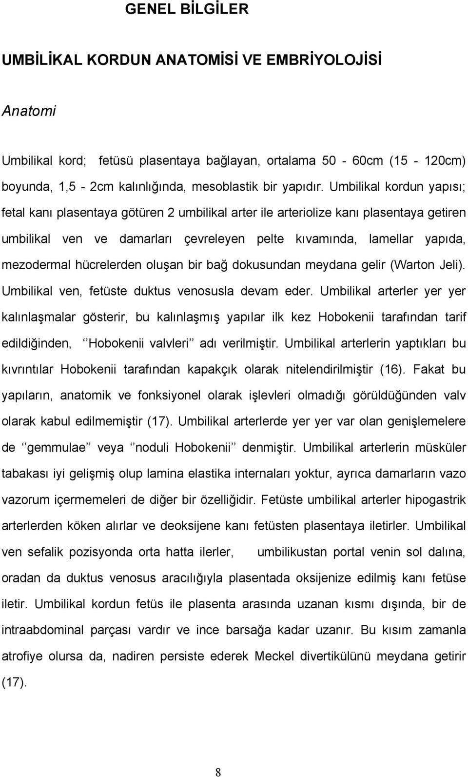 hücrelerden oluşan bir bağ dokusundan meydana gelir (Warton Jeli). Umbilikal ven, fetüste duktus venosusla devam eder.