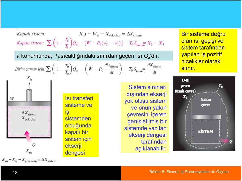 Isı transferi sisteme ve iş sistemden olduğunda kapalı bir sistem için ekserji dengesi Sistem