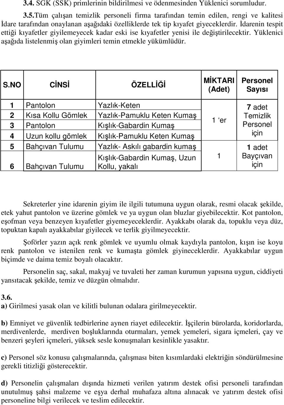 İdarenin tespit ettiği kıyafetler giyilemeyecek kadar eski ise kıyafetler yenisi ile değiştirilecektir. Yüklenici aşağıda listelenmiş olan giyimleri temin etmekle yükümlüdür. S.