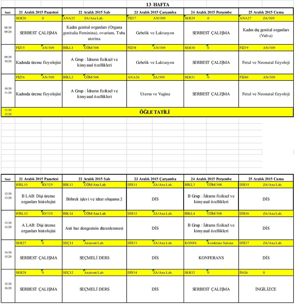 AN/309 SER30 0 FİZ39 AN/309 Kadında üreme fizyolojisi A Grup : İdrarın fiziksel ve kimyasal özellikleri Gebelik ve Laktasyon Fetal ve Neonatal fizyoloji FİZ36 AN/309 BİKL2 CÖM/308 ANA26 ZA/309 SER31