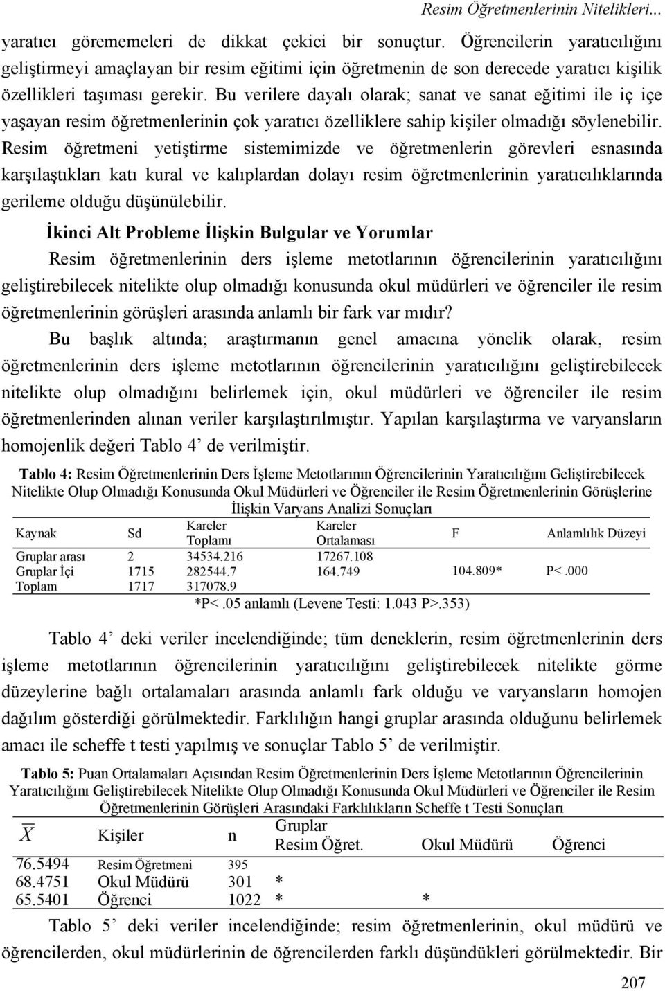 Bu verilere dayalı olarak; sanat ve sanat eğitimi ile iç içe yaşayan resim öğretmenlerinin çok yaratıcı özelliklere sahip kişiler olmadığı söylenebilir.