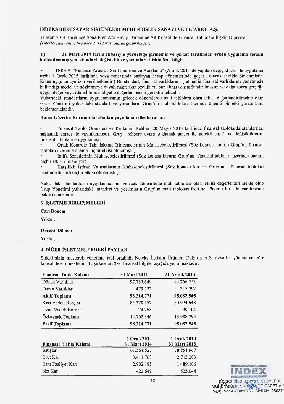 girmemi~ ve ~irket tarafmdan erken uygulama tercihi kullamlmaml~ yeni standart, degi~iklik ve yorumlara ili~kin ozet bilgi: TFRS 9 "Finansal Ara9lar: Smiflandirma ve A91klama" (Arahk 2011 'de yap!