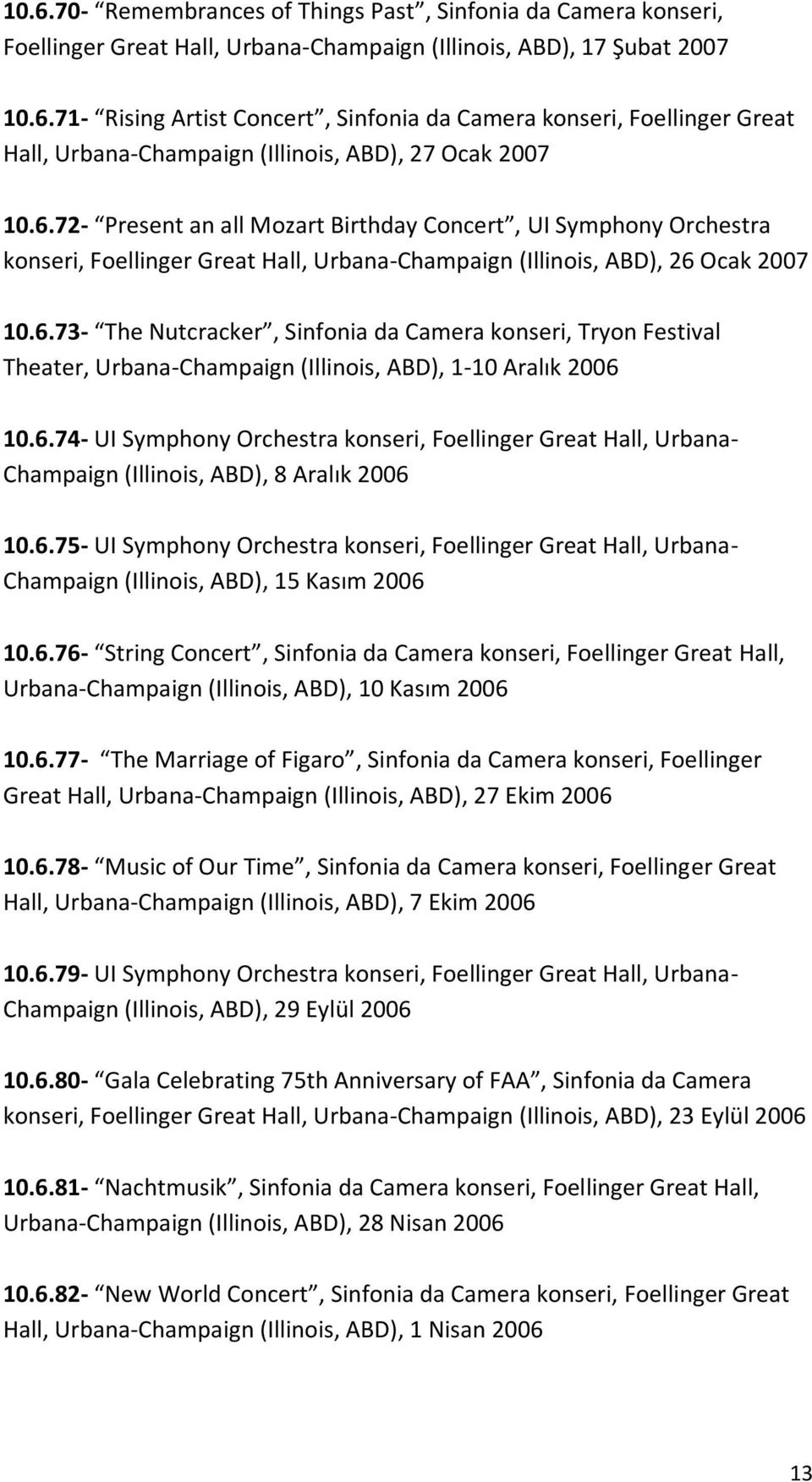 6.74- UI Symphony Orchestra konseri, Foellinger Great Hall, Urbana- Champaign (Illinois, ABD), 8 Aralık 2006 10.6.75- UI Symphony Orchestra konseri, Foellinger Great Hall, Urbana- Champaign (Illinois, ABD), 15 Kasım 2006 10.