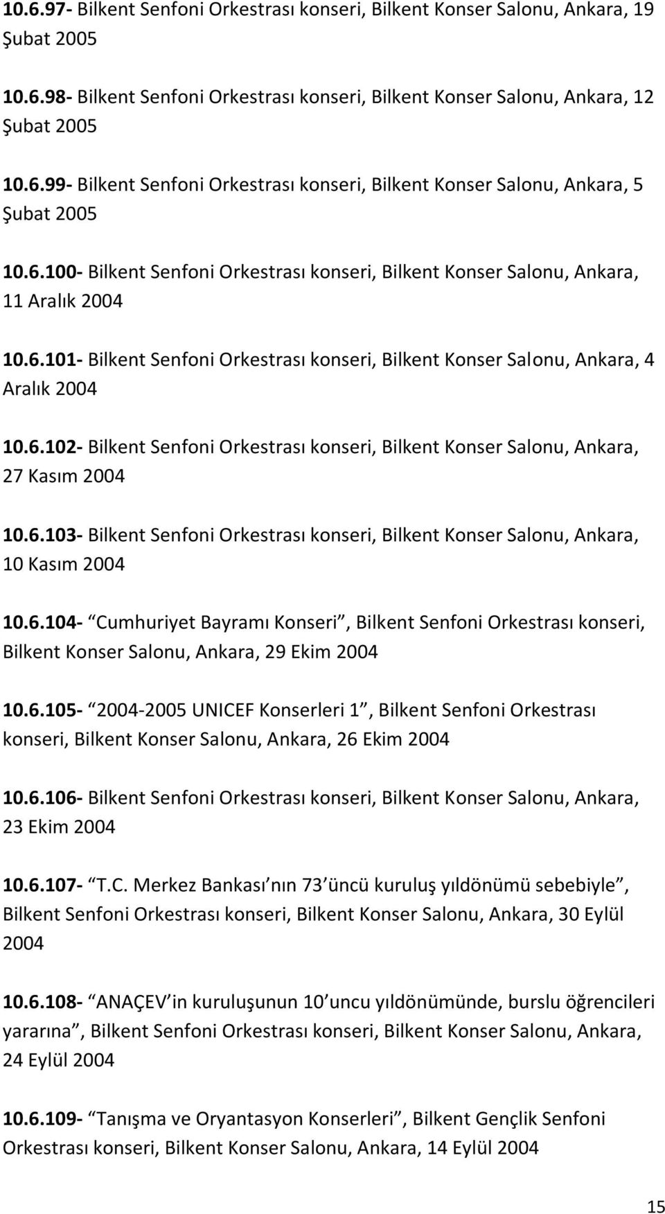 6.103- Bilkent Senfoni Orkestrası konseri, Bilkent Konser Salonu, Ankara, 10 Kasım 2004 10.6.104- Cumhuriyet Bayramı Konseri, Bilkent Senfoni Orkestrası konseri, Bilkent Konser Salonu, Ankara, 29 Ekim 2004 10.