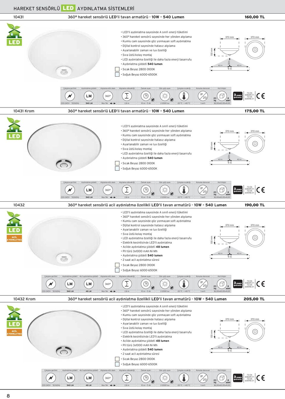 60006500K 3 606691 60591 3040V~ 50/60Hz 540 00 lux C ~ +40 C,00x60,00x41,00 10431 Krom areket sensörlü li tavan armatürü 10W 540 Lumen 175,00 TL li aydınlatma sayesinde A sınıfı enerji tüketimi