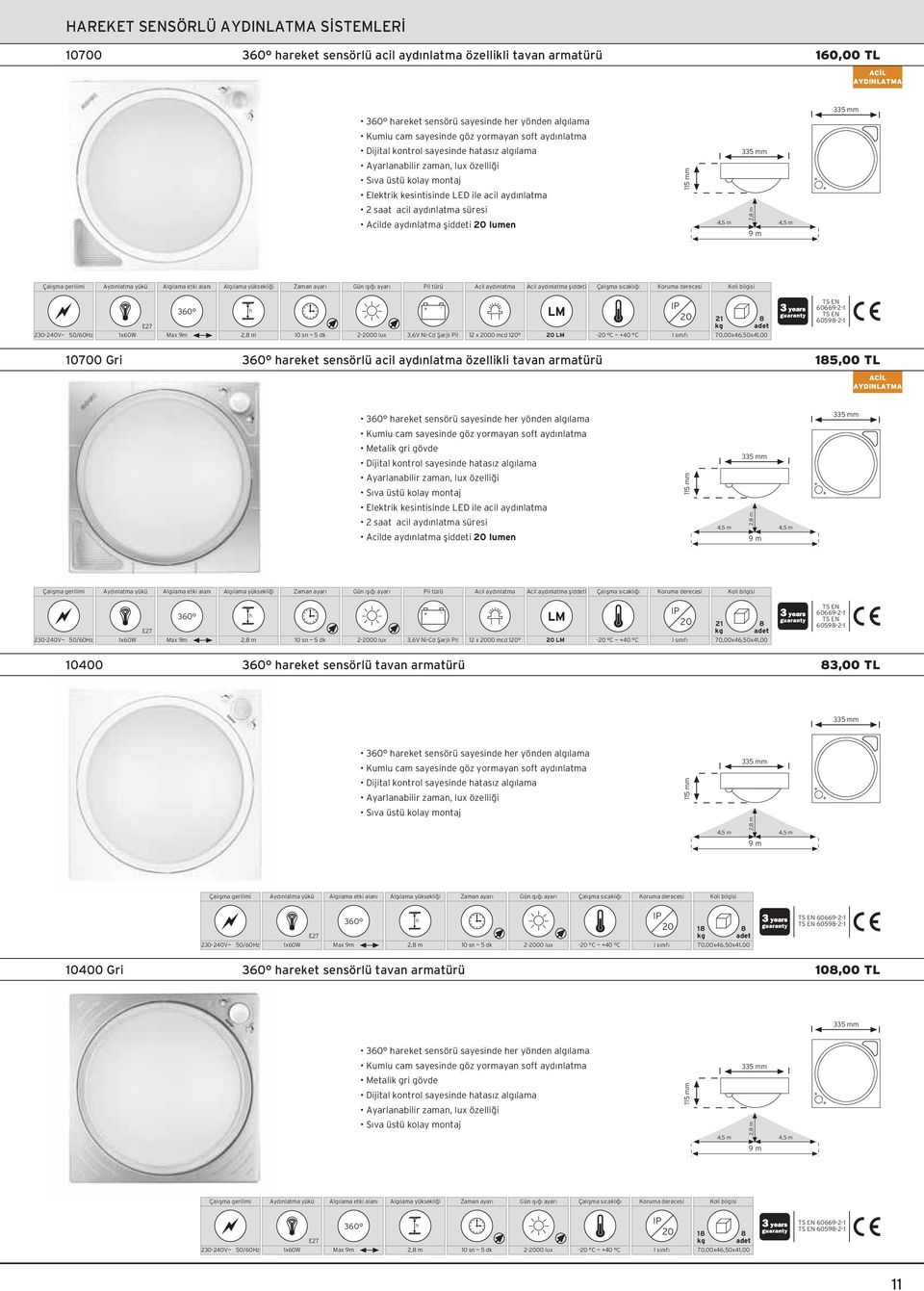 türü Acil ayd nlatma Acil ayd nlatma fliddeti E7 + 1 606691 60591 3040V~ 50/60Hz 1x60W 00 lux 3,6V NiCd fiarjl Pil 1 x 00 mcd 1 C ~ +40 C 70,00x46,50x41,00 10700 Gri areket sensörlü acil ayd nlatma