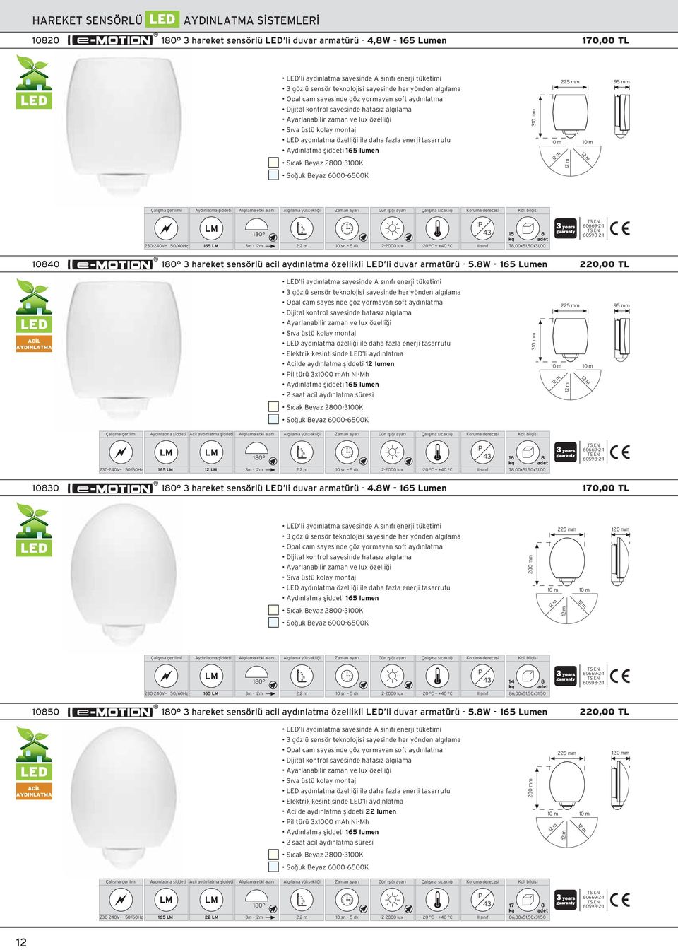 003100K 10 m 10 m 1 m 1 m So uk Beyaz 60006500K 10 43 15 606691 60591 3040V~ 50/60Hz 165 3m 1m, m 00 lux C ~ +40 C 7,00x51,50x31,00 1040 10 3 areket sensörlü acil ayd nlatma özellikli li duvar