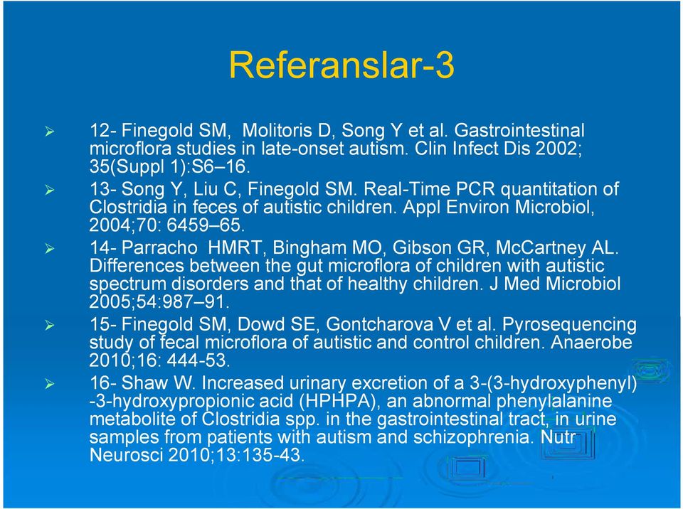 Differences between the gut microflora of children with autistic spectrum disorders and that of healthy children. J Med Microbiol 2005;54:987 91. 91. 15- Finegold SM, Dowd SE, Gontcharova V et al.