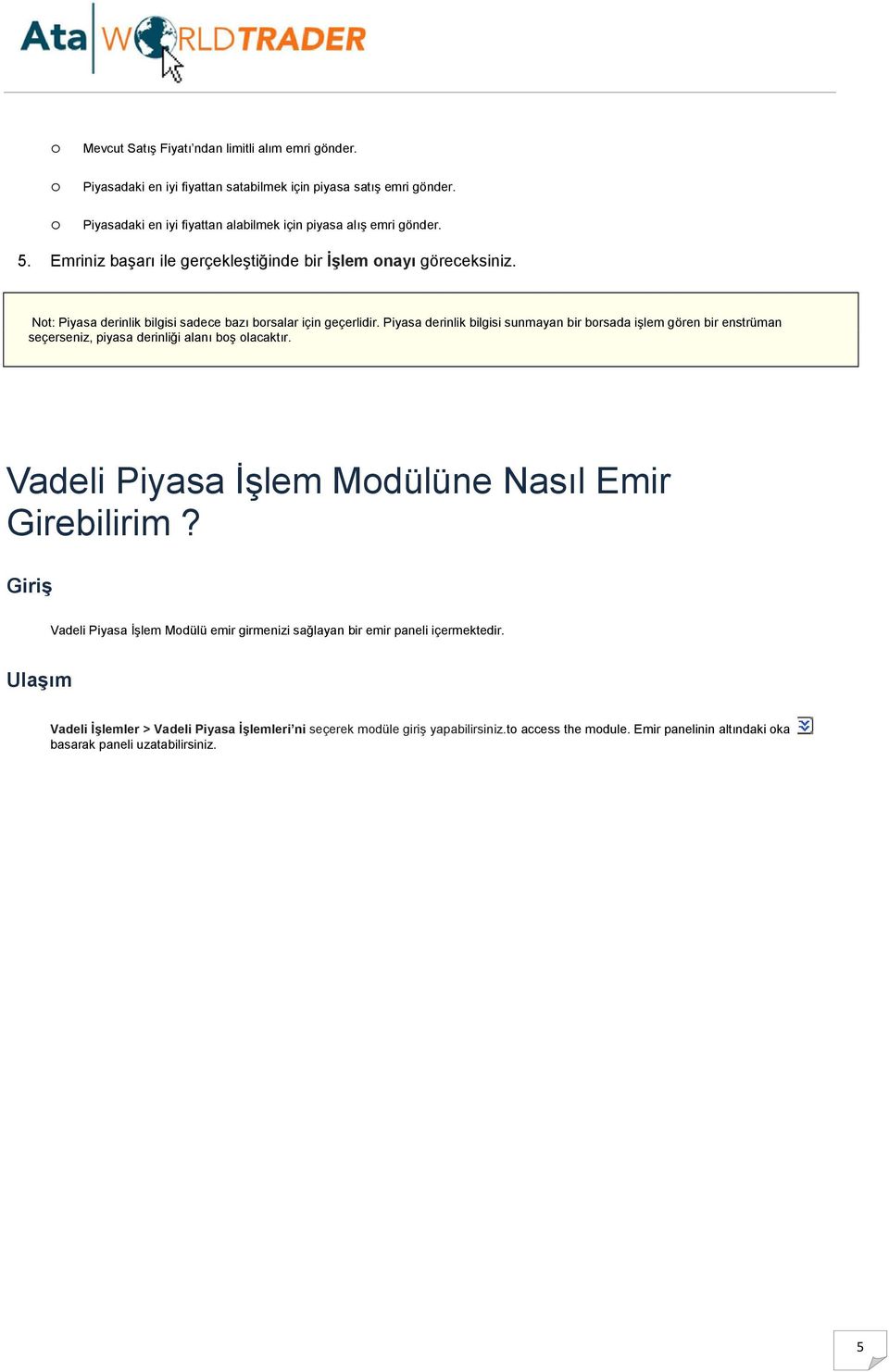 Not: Piyasa derinlik bilgisi sadece bazı borsalar için geçerlidir. Piyasa derinlik bilgisi sunmayan bir borsada işlem gören bir enstrüman seçerseniz, piyasa derinliği alanı boş olacaktır.