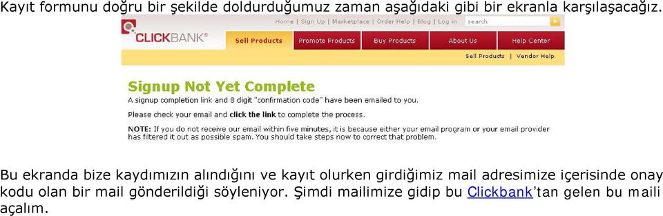 Bu ekranda bize kaydımızın alındığını ve kayıt olurken girdiğimiz mail