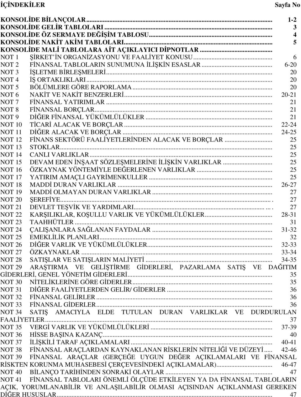 .. 20 NOT 4 İŞ ORTAKLIKLARI... 20 NOT 5 BÖLÜMLERE GÖRE RAPORLAMA... 20 NOT 6 NAKİT VE NAKİT BENZERLERİ... 20-21 NOT 7 FİNANSAL YATIRIMLAR... 21 NOT 8 FİNANSAL BORÇLAR.