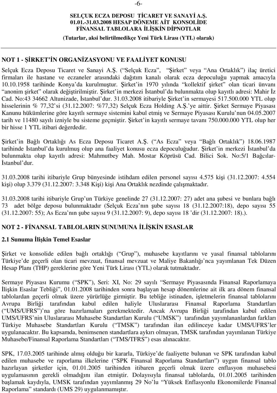 Şirket in merkezi İstanbul da bulunmakta olup kayıtlı adresi: Mahir İz Cad. No:43 34662 Altunizade, İstanbul dur. 31.03.2008 itibariyle Şirket in sermayesi 517.500.