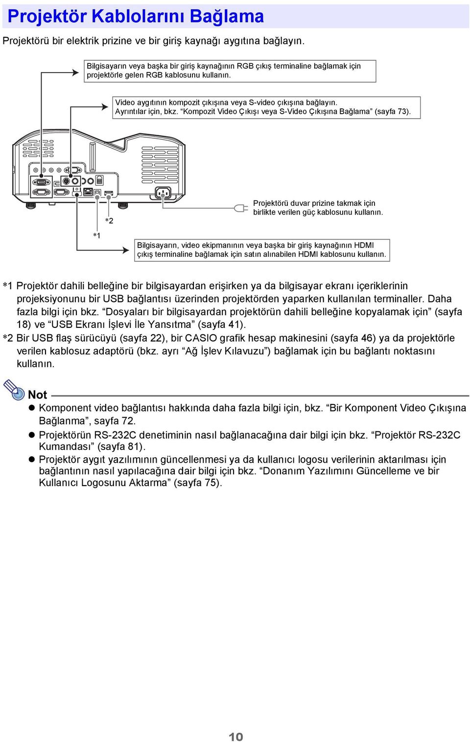 Ayrıntılar için, bkz. Kompozit Video Çıkışı veya S-Video Çıkışına Bağlama (sayfa 73). *2 *1 Projektörü duvar prizine takmak için birlikte verilen güç kablosunu kullanın.