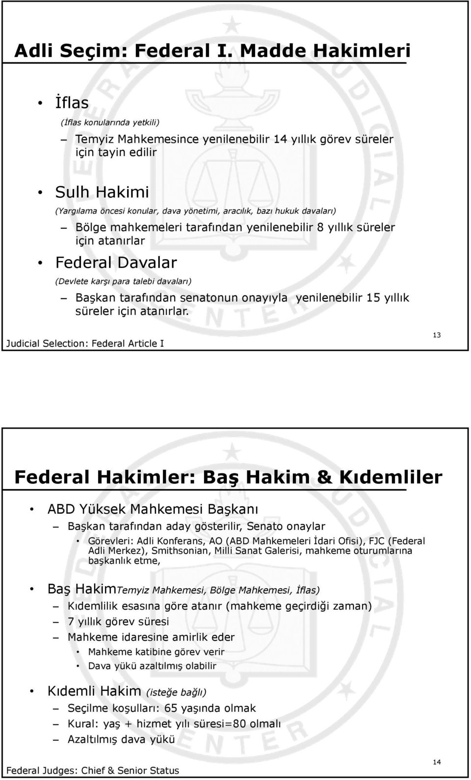 hukuk davaları) Bölge mahkemeleri tarafından yenilenebilir 8 yıllık süreler için atanırlar Federal Davalar (Devlete karşı para talebi davaları) Başkan tarafından senatonun onayıyla yenilenebilir 15