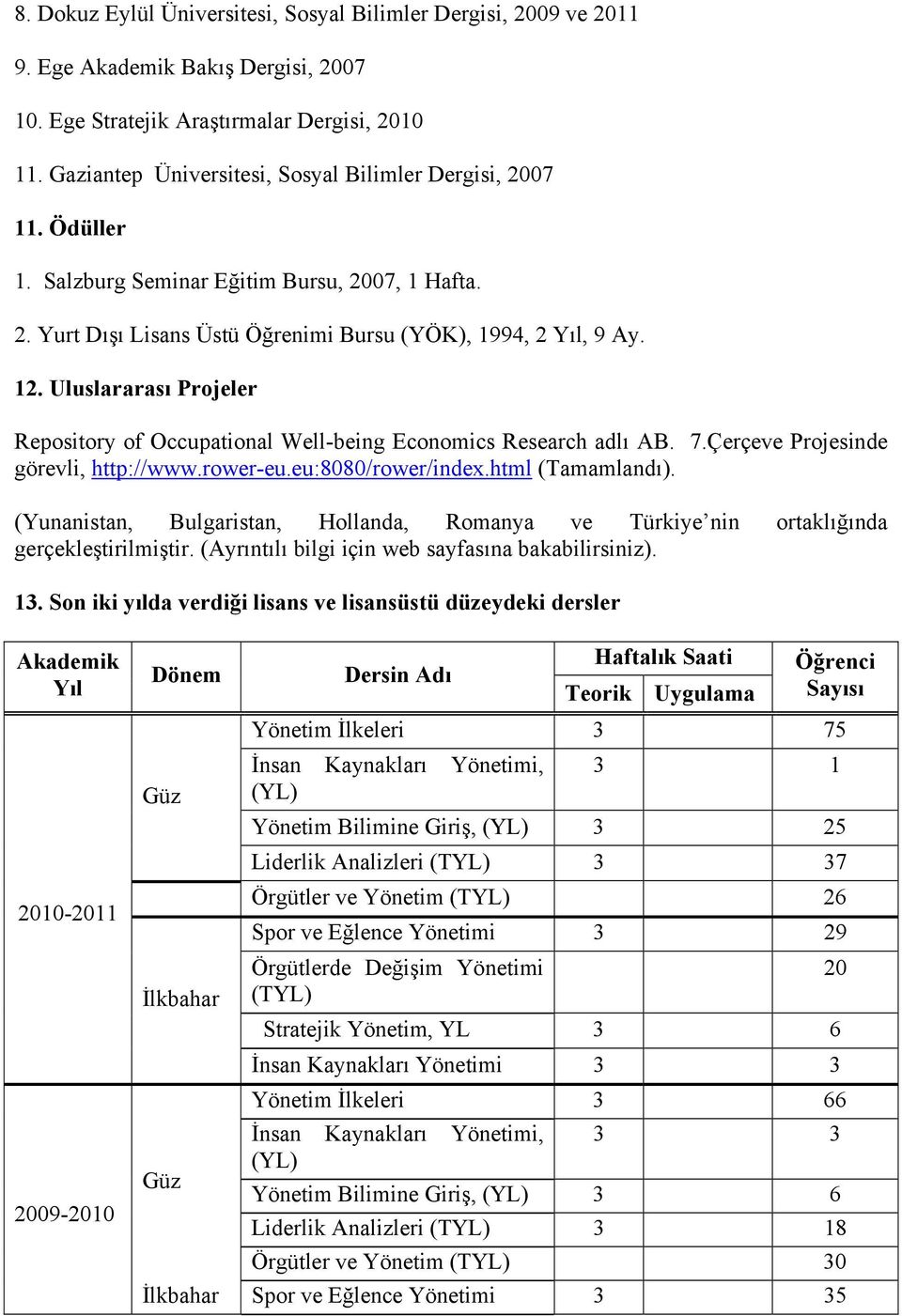 Uluslararası Projeler Repository of Occupational Well-being Economics Research adlı AB. 7.Çerçeve Projesinde görevli, http://www.rower-eu.eu:8080/rower/index.html (Tamamlandı).