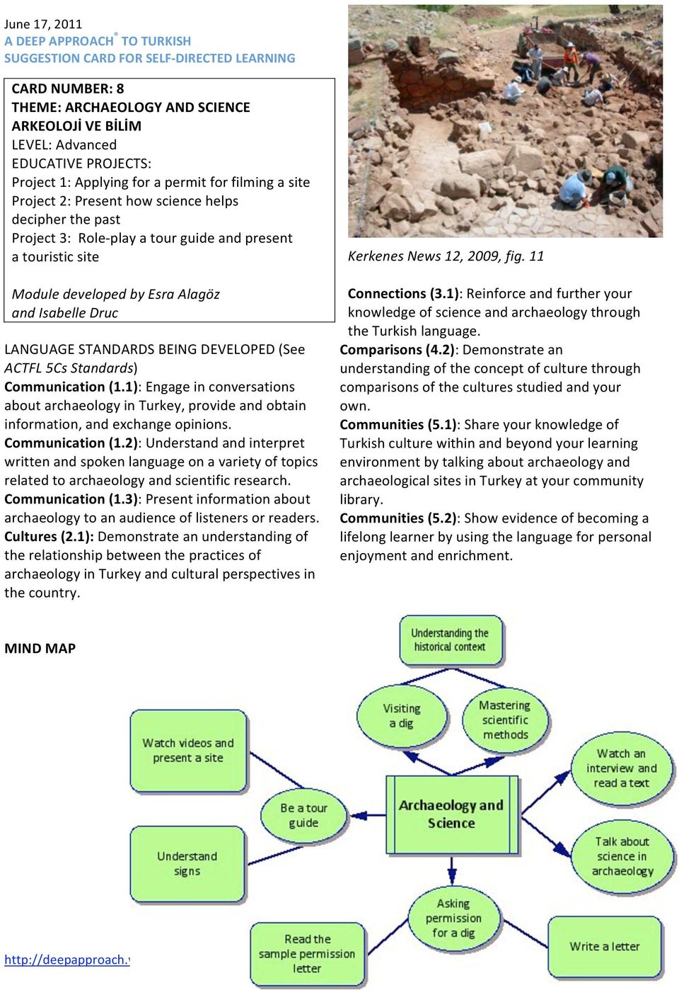 LANGUAGESTANDARDSBEINGDEVELOPED(See ACTFL5CsStandards) Communication(1.1):Engageinconversations aboutarchaeologyinturkey,provideandobtain information,andexchangeopinions. Communication(1.2):Understandandinterpret writtenandspokenlanguageonavarietyoftopics relatedtoarchaeologyandscientificresearch.