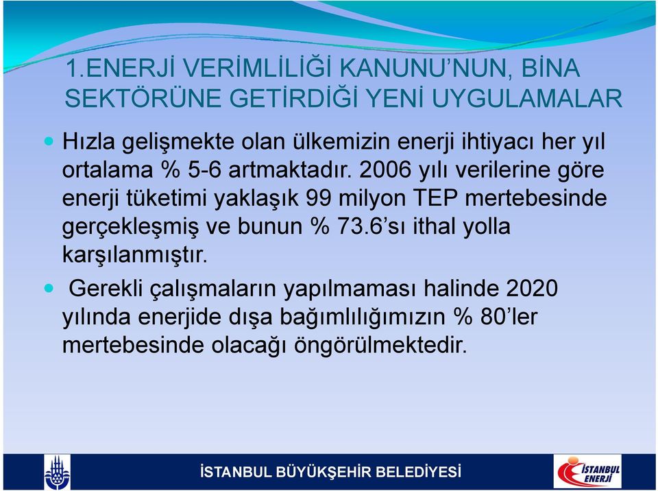 2006 yılı verilerine göre enerji tüketimi yaklaşık 99 milyon TEP mertebesinde gerçekleşmiş ve bunun % 73.