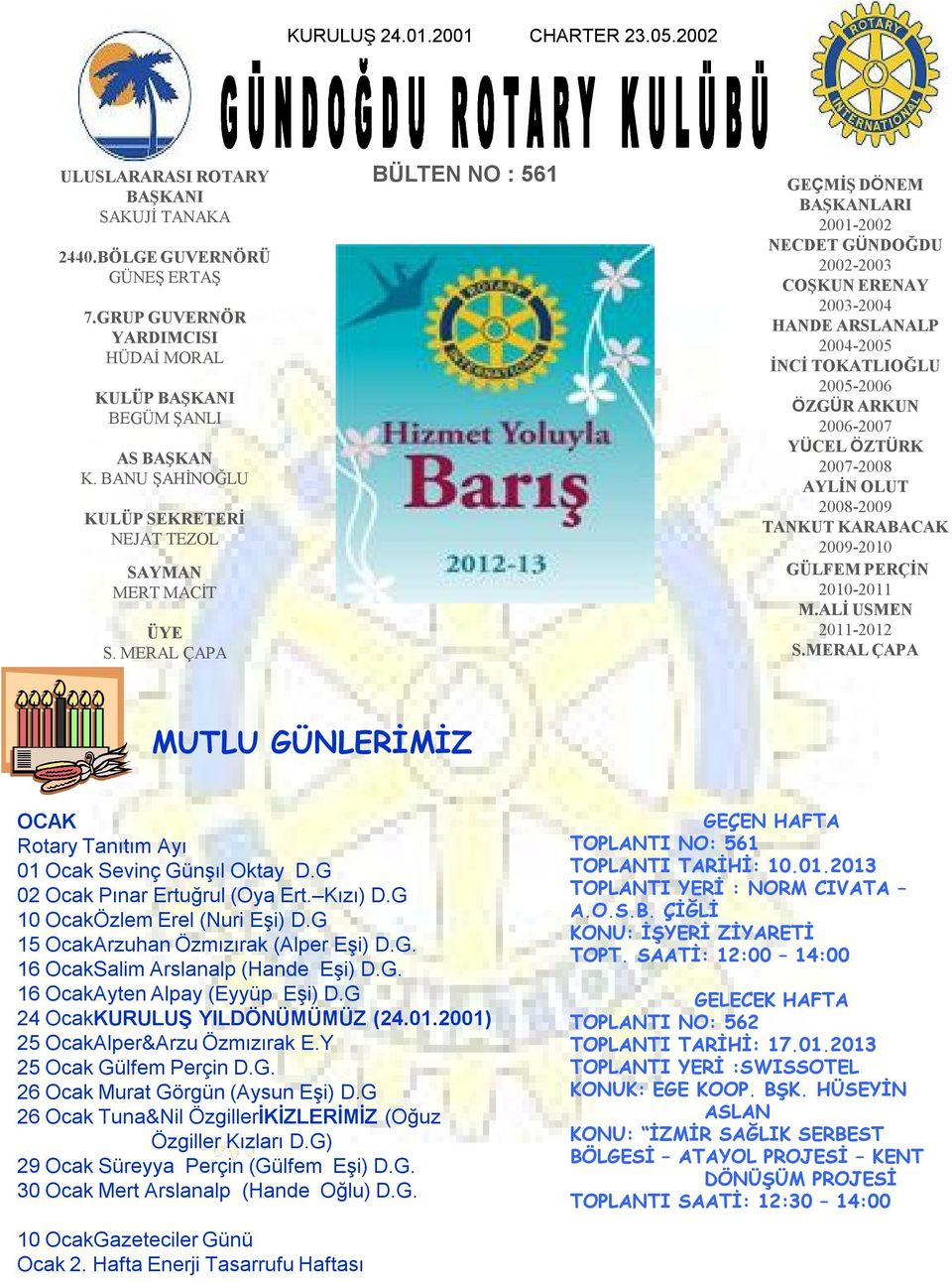 MERAL ÇAPA BÜLTEN NO : 561 GEÇMİŞ DÖNEM BAŞKANLARI 2001-2002 NECDET GÜNDOĞDU 2002-2003 COŞKUN ERENAY 2003-2004 HANDE ARSLANALP 2004-2005 İNCİ TOKATLIOĞLU 2005-2006 ÖZGÜR ARKUN 2006-2007 YÜCEL ÖZTÜRK