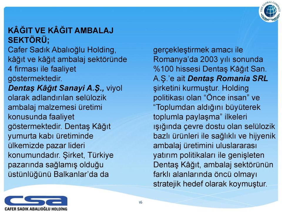 Şirket, Türkiye pazarında sağlamış olduğu üstünlüğünü Balkanlar da da gerçekleştirmek amacı ile Romanya da 2003 yılı sonunda %100 hissesi Dentaş Kâğıt San. A.Ş. e ait Dentaş Romania SRL şirketini kurmuştur.