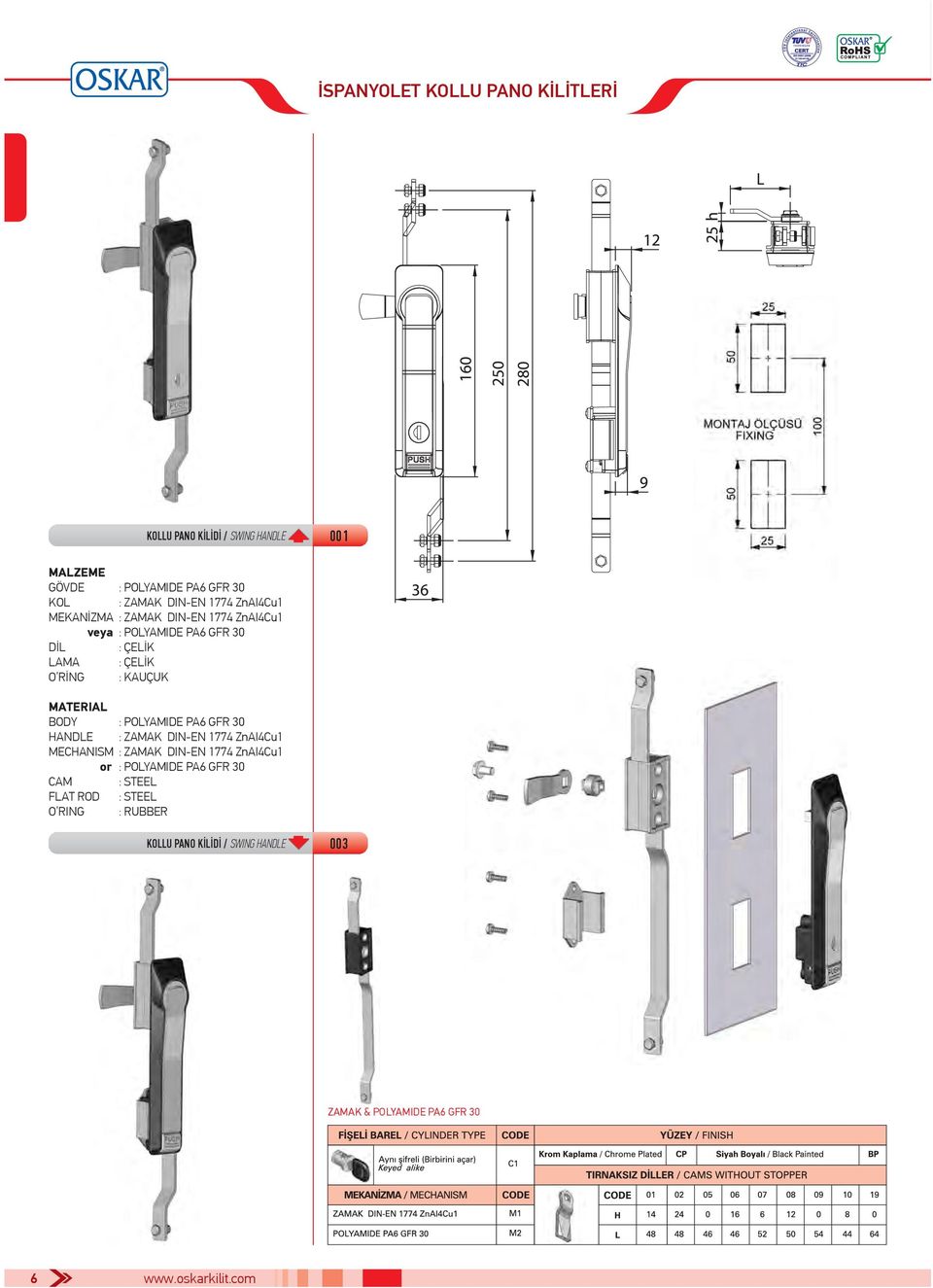 KAUÇUK BODY : POLYAMIDE PA6 GFR 30 HANDLE : ZAMAK DIN-EN 1774 ZnAI4Cu1 MECHANISM : ZAMAK DIN-EN 1774 ZnAI4Cu1 or : POLYAMIDE PA6