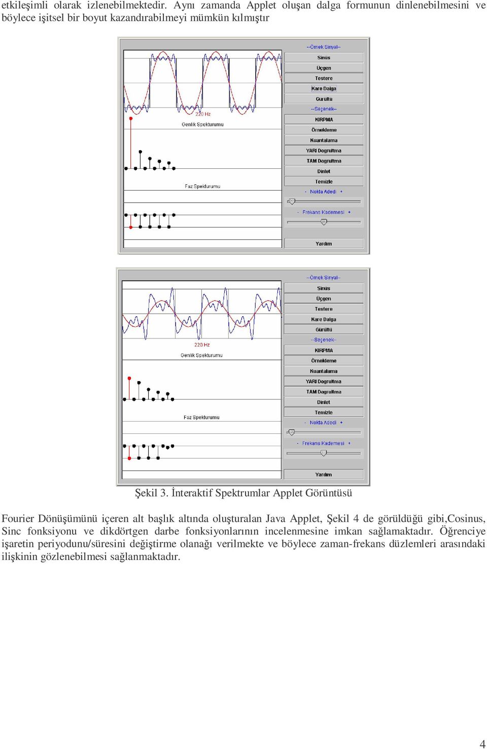 İnteraktif Spektrumlar Applet Görüntüsü Fourier Dönüşümünü içeren alt başlık altında oluşturalan Java Applet, Şekil 4 de görüldüğü