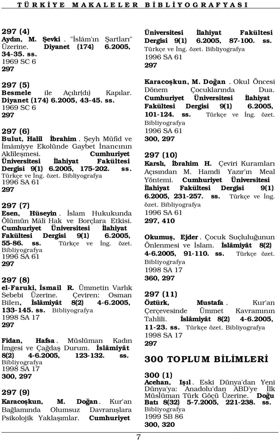 2005, 175-202. ss. Türkçe ve ng. özet. 1996 SA 61 297 297 (7) Esen, Hüseyin. slam Hukukunda Ölümün Mâlî Hak ve Borçlara Etkisi. Cumhuriyet Üniversitesi lahiyat Fakültesi Dergisi 9(1) 6.2005, 55-86.