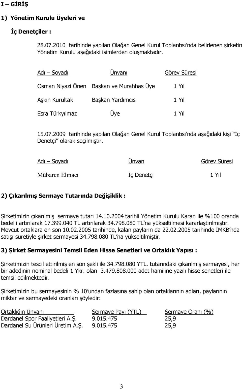 2009 tarihinde yapılan Olağan Genel Kurul Toplantısı nda aşağıdaki kişi İç Denetçi olarak seçilmiştir.