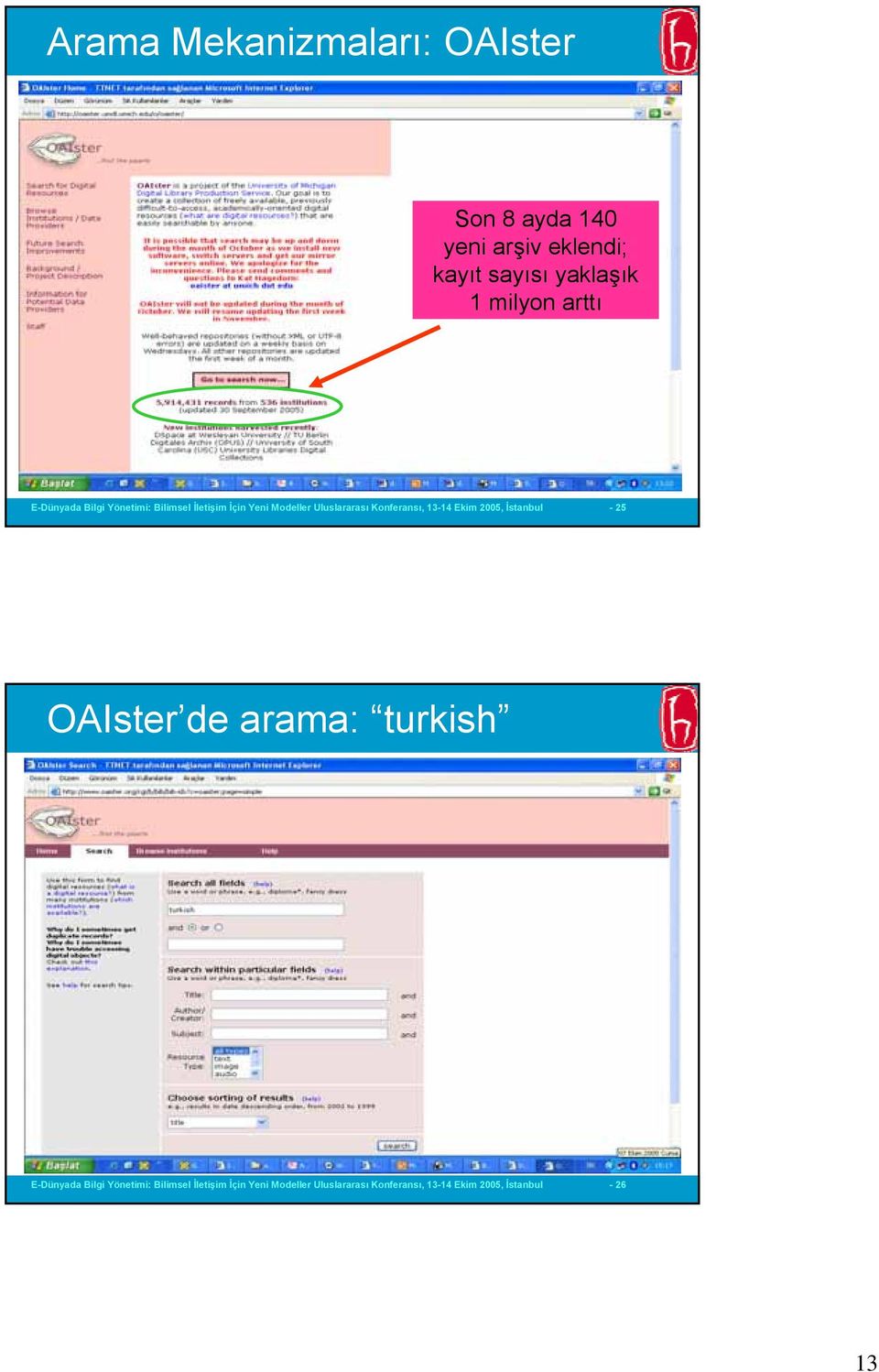 Konferansı, 13-14 Ekim 2005, İstanbul - 25 OAIster de arama: turkish E-Dünyada Bilgi