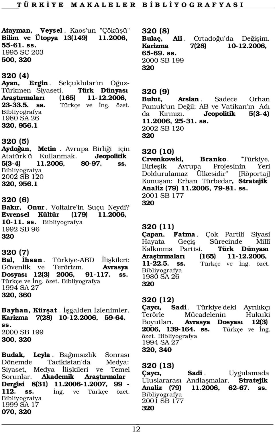 ss. 2002 SB 120 320, 956.1 2001 SB 177 320 (6) 320 Bak r, Onur. Voltaire'in Suçu Neydi? Evrensel Kültür (179) 11.2006, 10-11. ss. 1992 SB 96 320 320 (7) Bal, hsan.