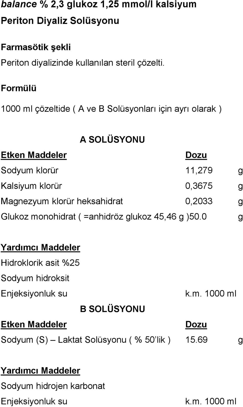 Magnezyum klorür heksahidrat 0,2033 g Glukoz monohidrat ( =anhidröz glukoz 45,46 g )50.