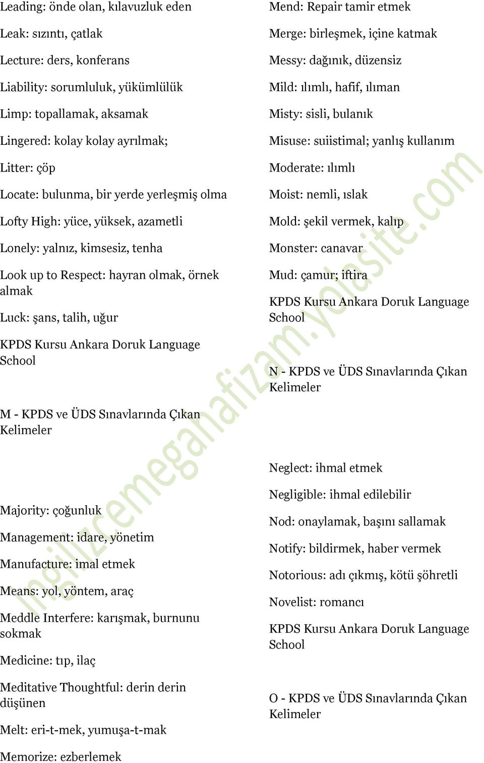 Merge: birleşmek, içine katmak Messy: dağınık, düzensiz Mild: ılımlı, hafif, ılıman Misty: sisli, bulanık Misuse: suiistimal; yanlış kullanım Moderate: ılımlı Moist: nemli, ıslak Mold: şekil vermek,