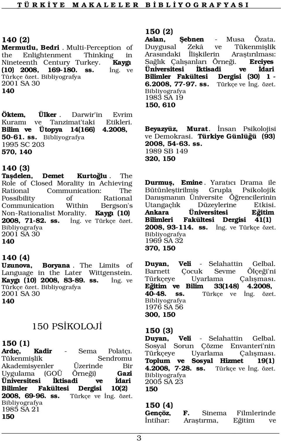 Erciyes (10) 2008, 169-180. ss. ng. ve Üniversitesi ktisadi ve dari Türkçe özet. 2001 SA 30 140 Bilimler Fakültesi Dergisi (30) 1-6.2008, 77-97. ss. Türkçe ve ng. özet. 1983 SA 19 150, Öktem, Ülker.