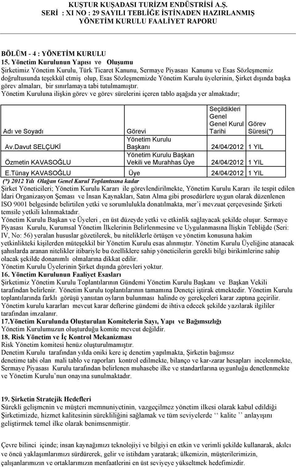 üyelerinin, Şirket dışında başka görev almaları, bir sınırlamaya tabi tutulmamıştır. Yönetim Kuruluna ilişkin görev ve görev sürelerini içeren tablo aşağıda yer almaktadır; Adı ve Soyadı Av.