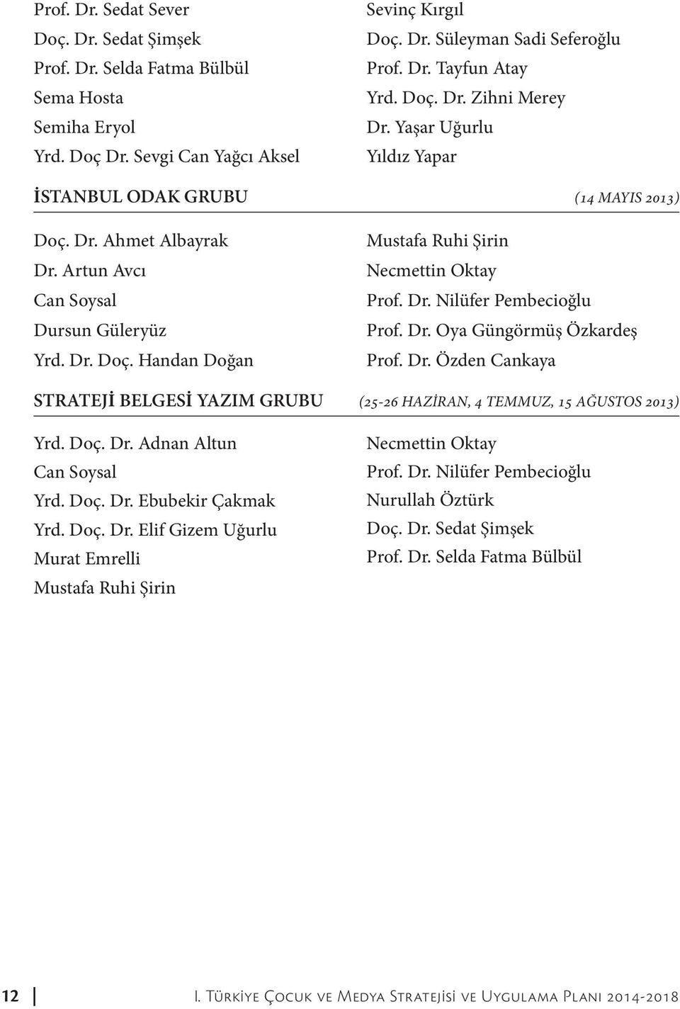 Dr. Nilüfer Pembecioğlu Prof. Dr. Oya Güngörmüş Özkardeş Prof. Dr. Özden Cankaya STRATEJİ BELGESİ YAZIM GRUBU (25-26 HAZİRAN, 4 TEMMUZ, 15 AĞUSTOS 2013) Yrd. Doç. Dr. Adnan Altun Can Soysal Yrd. Doç. Dr. Ebubekir Çakmak Yrd.