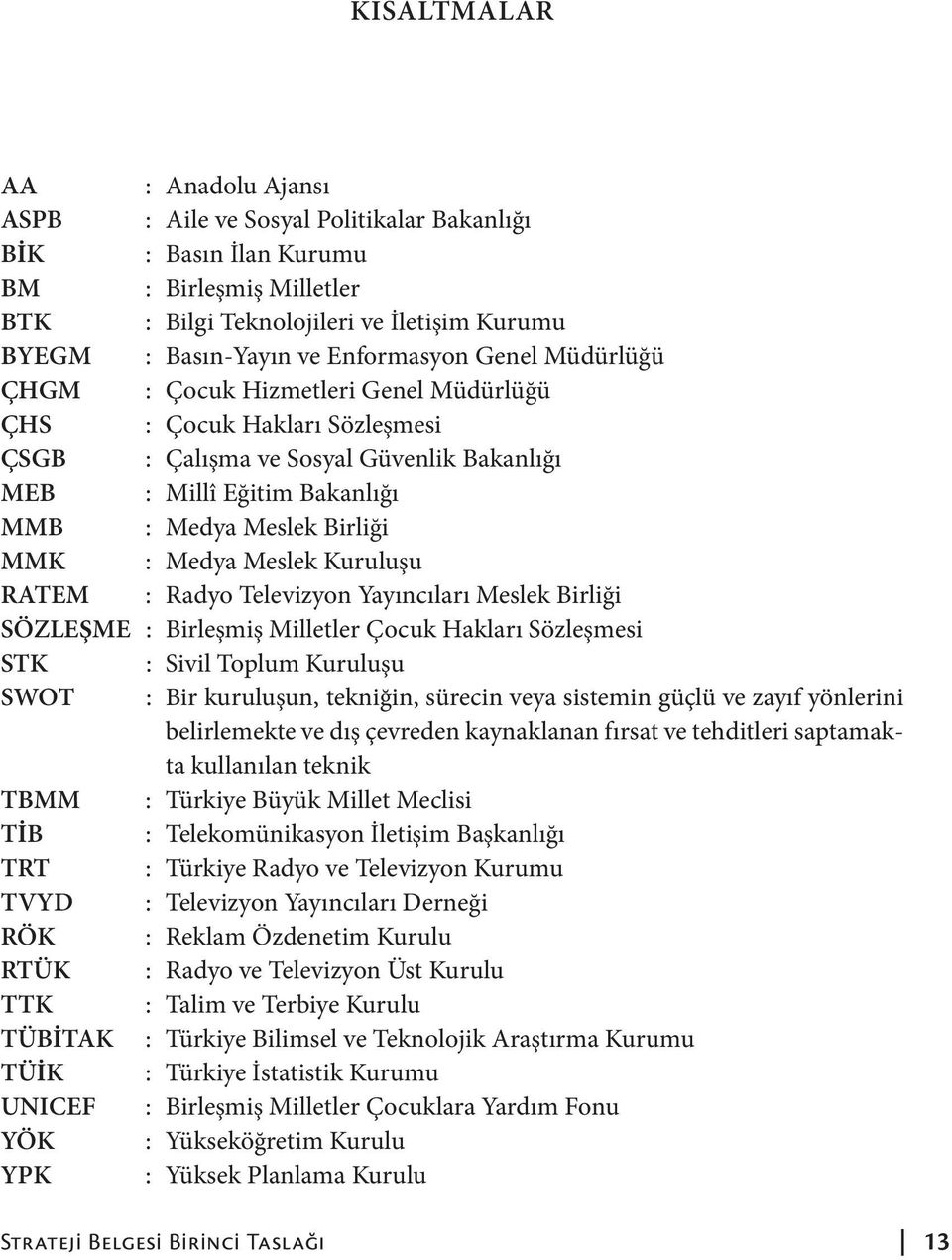 MMK : Medya Meslek Kuruluşu RATEM : Radyo Televizyon Yayıncıları Meslek Birliği SÖZLEŞME : Birleşmiş Milletler Çocuk Hakları Sözleşmesi STK : Sivil Toplum Kuruluşu SWOT : Bir kuruluşun, tekniğin,