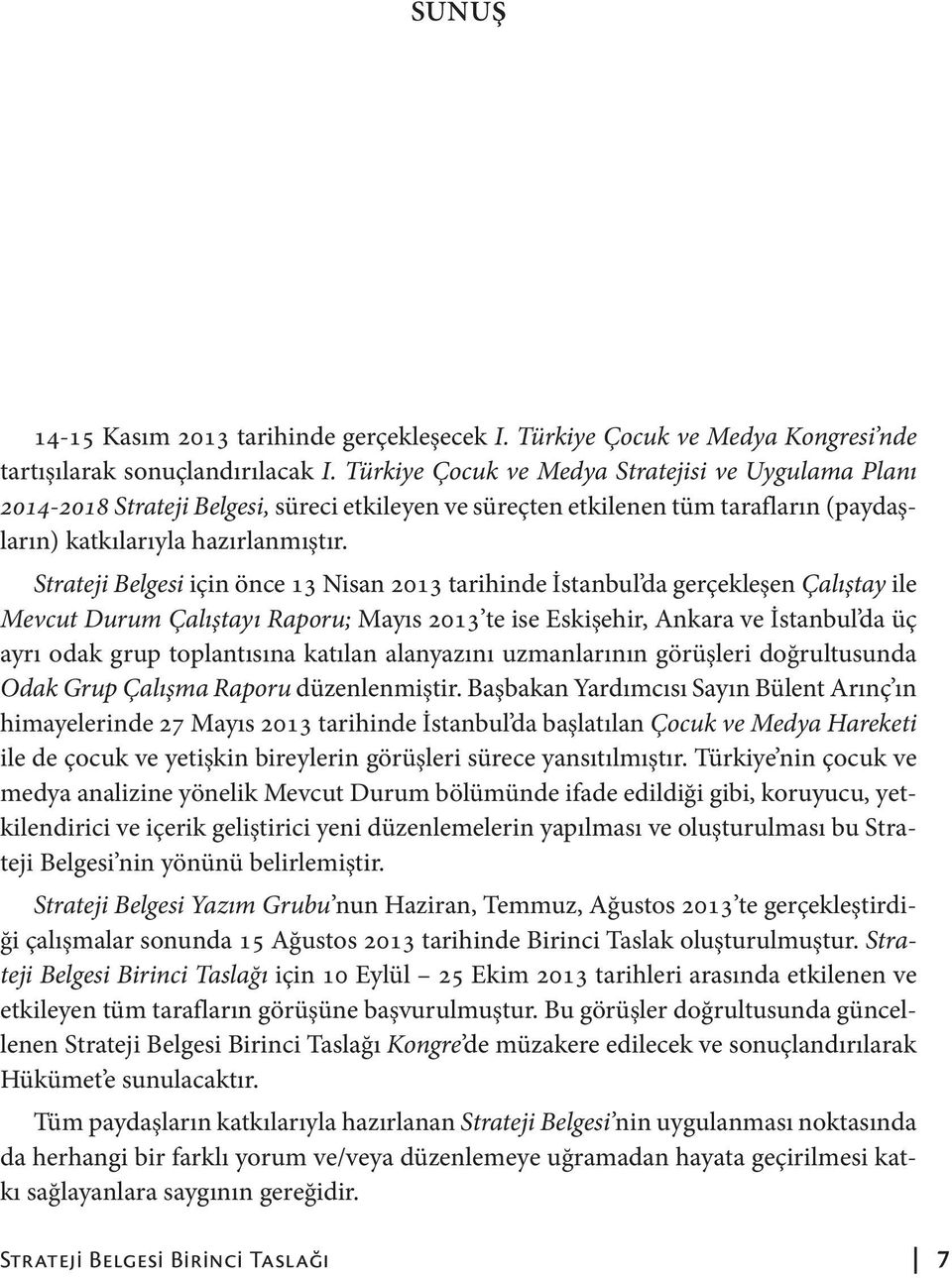 Strateji Belgesi için önce 13 Nisan 2013 tarihinde İstanbul da gerçekleşen Çalıştay ile Mevcut Durum Çalıştayı Raporu; Mayıs 2013 te ise Eskişehir, Ankara ve İstanbul da üç ayrı odak grup