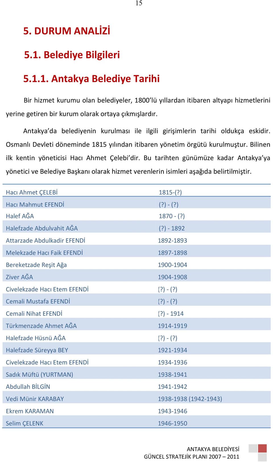 Bilinen ilk kentin yöneticisi Hacı Ahmet Çelebi dir. Bu tarihten günümüze kadar Antakya ya yönetici ve Belediye Başkanı olarak hizmet verenlerin isimleri aşağıda belirtilmiştir.