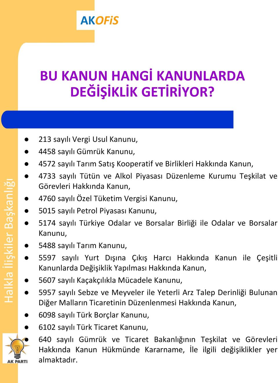 Hakkında Kanun, 4760 sayılı Özel Tüketim Vergisi Kanunu, 5015 sayılı Petrol Piyasası Kanunu, 5174 sayılı Türkiye Odalar ve Borsalar Birliği ile Odalar ve Borsalar Kanunu, 5488 sayılı Tarım Kanunu,