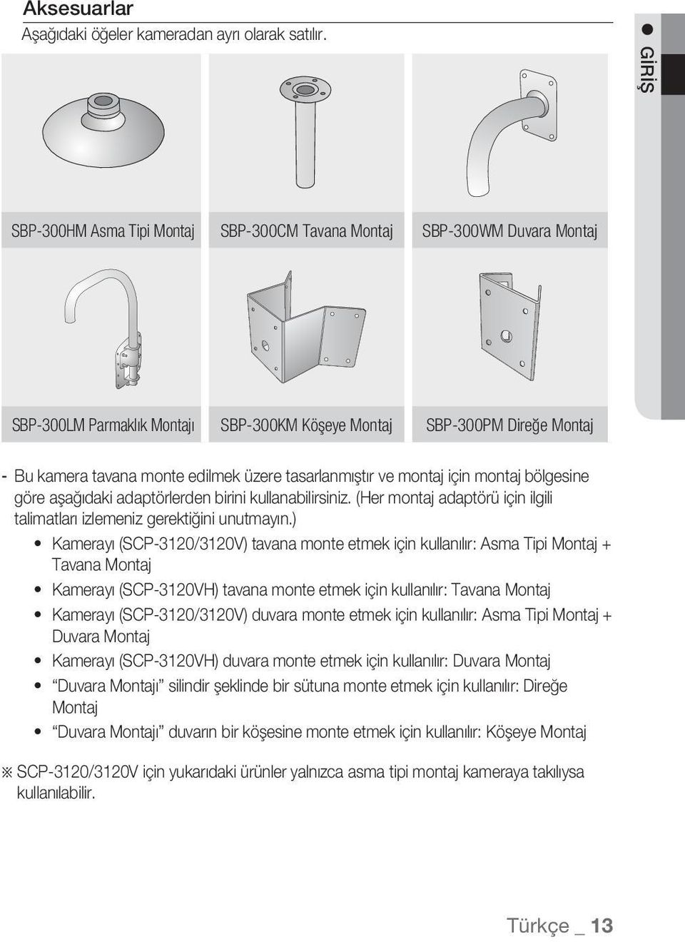 tasarlanmıştır ve montaj için montaj bölgesine göre aşağıdaki adaptörlerden birini kullanabilirsiniz. (Her montaj adaptörü için ilgili talimatları izlemeniz gerektiğini unutmayın.