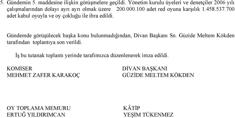 700 adet kabul oyuyla ve oy çokluğu ile ibra edildi. Gündemde görüşülecek başka konu bulunmadığından, Divan Başkanı Sn.