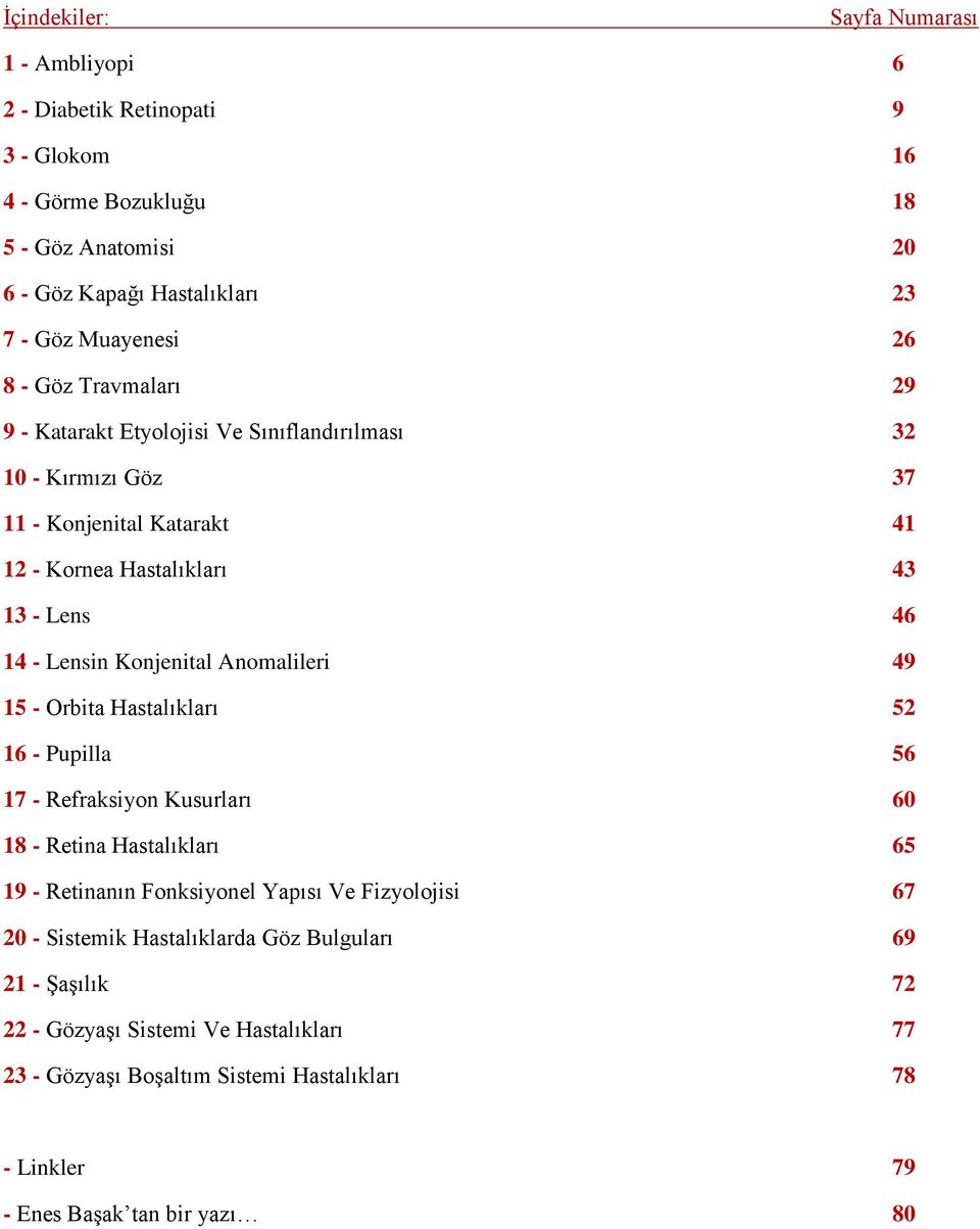 Lensin Konjenital Anomalileri 49 15 - Orbita Hastalıkları 52 16 - Pupilla 56 17 - Refraksiyon Kusurları 60 18 - Retina Hastalıkları 65 19 - Retinanın Fonksiyonel Yapısı Ve