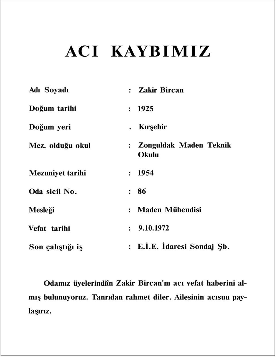 Kırşehir : Zonguldak Maden Teknik Okulu : 1954 : 86 : Maden Mühendisi : 9.10.1972 : E.