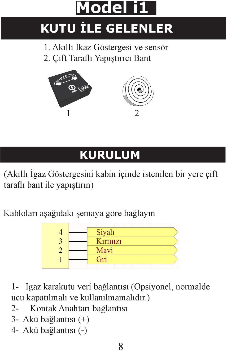 çift taraflı bant ile yapıştırın) Kabloları aşağıdaki şemaya göre bağlayın 1- Igaz karakutu veri