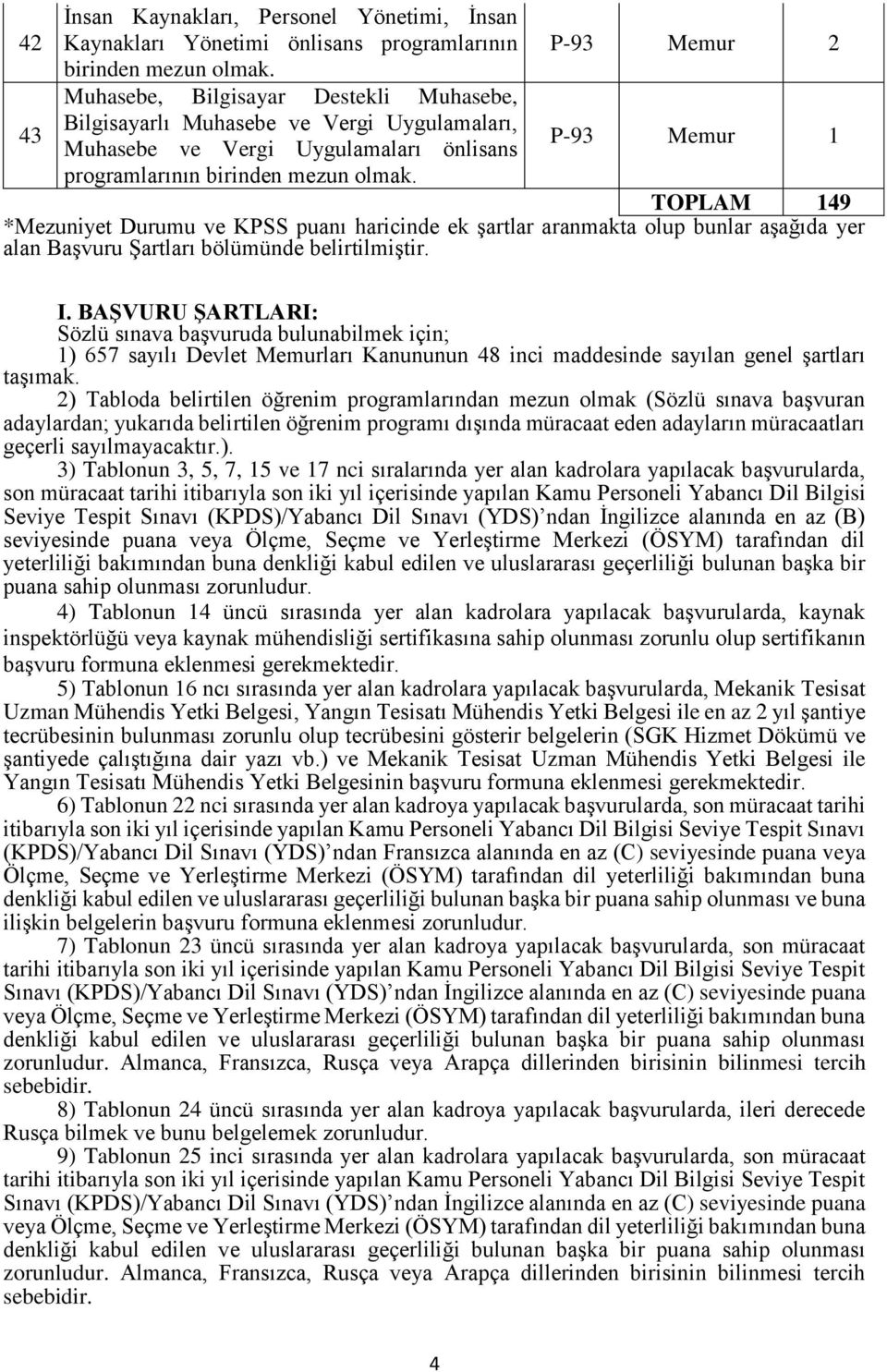 BAŞVURU ŞARTLARI: Sözlü sınava başvuruda bulunabilmek için; ) 657 sayılı Devlet Memurları Kanununun 48 inci maddesinde sayılan genel şartları taşımak.