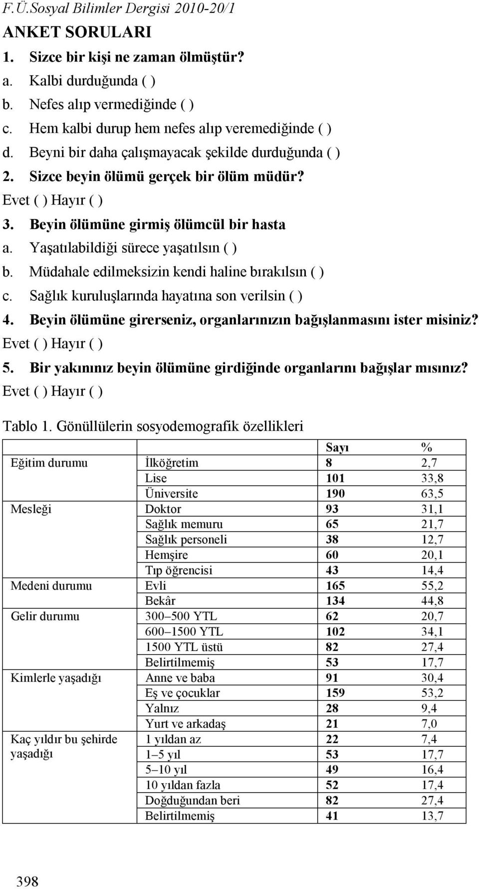 Müdahale edilmeksizin kendi haline bırakılsın ( ) c. Sağlık kuruluşlarında hayatına son verilsin ( ) 4. Beyin ölümüne girerseniz, organlarınızın bağışlanmasını ister misiniz? Evet ( ) Hayır ( ) 5.