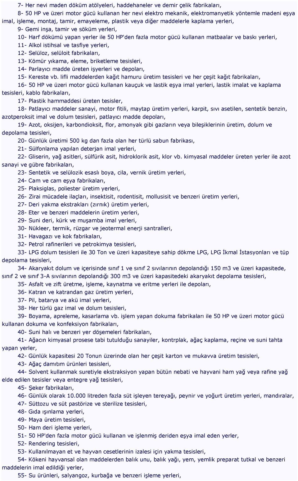 11- Alkol istihsal ve tasfiye yerleri, 12- Selüloz, selüloit fabrikaları, 13- Kömür yıkama, eleme, briketleme tesisleri, 14- Parlayıcı madde üreten işyerleri ve depoları, 15- Kereste vb.