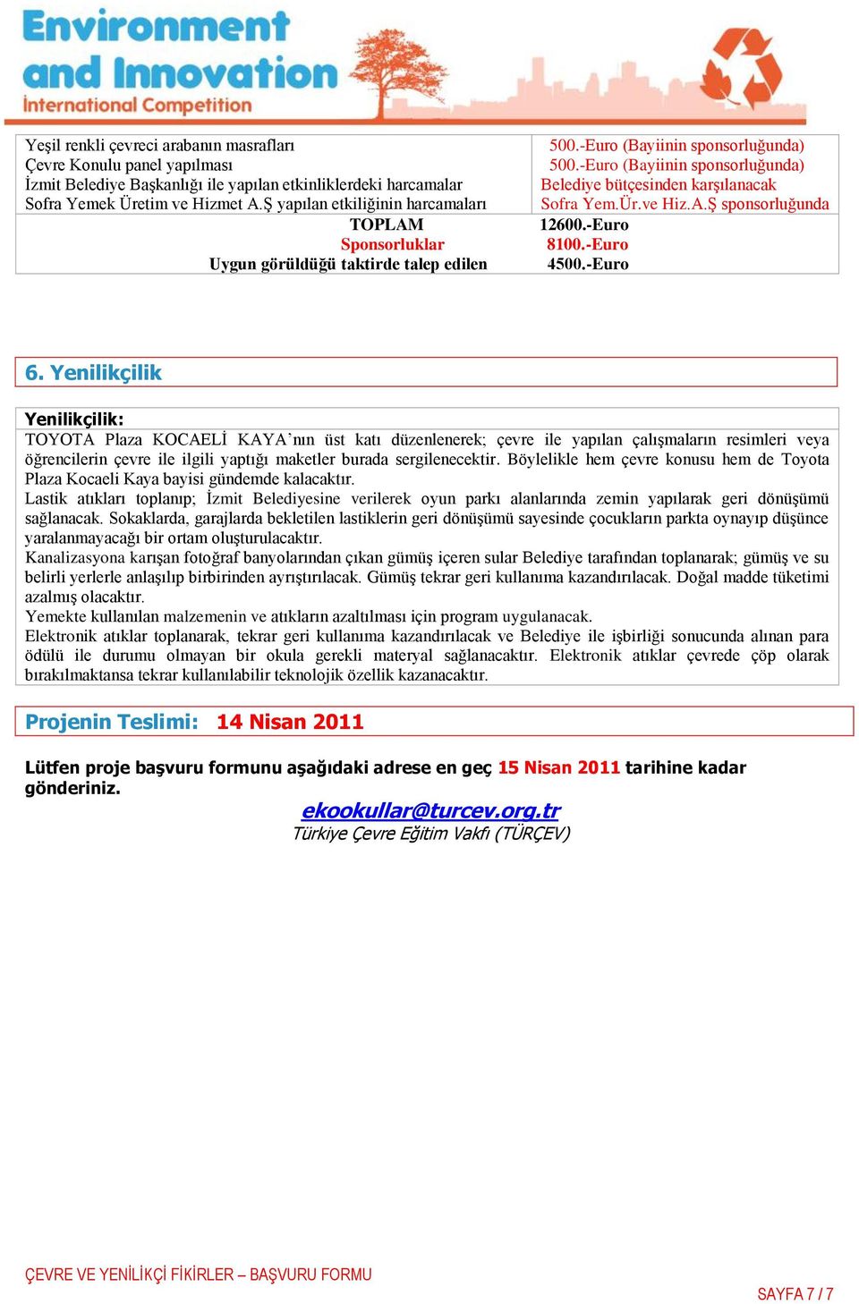 -Euro (Bayiinin sponsorluğunda) Belediye bütçesinden karģılanacak Sofra Yem.Ür.ve Hiz.A.ġ sponsorluğunda 12600.-Euro 8100.-Euro 4500.-Euro 6.